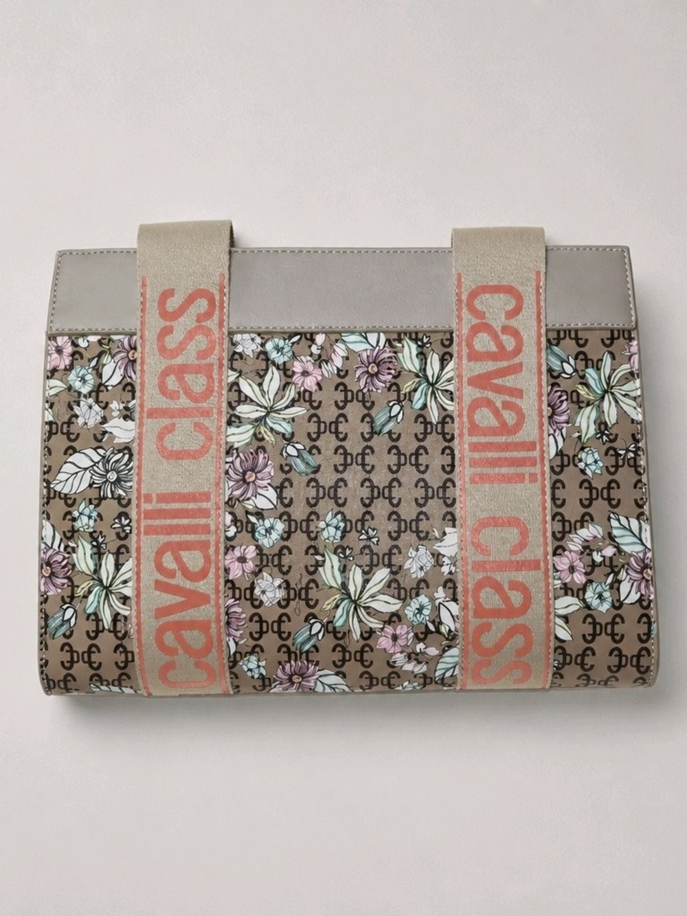 Cavalli Class Floral Logo Canvas Tote in Beige and Pastel